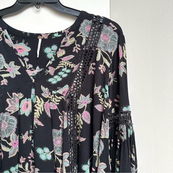 Free People Just the Two of Us Tunic Top Black + Pink Floral Laser Cut Boho - Picture 3 of 9